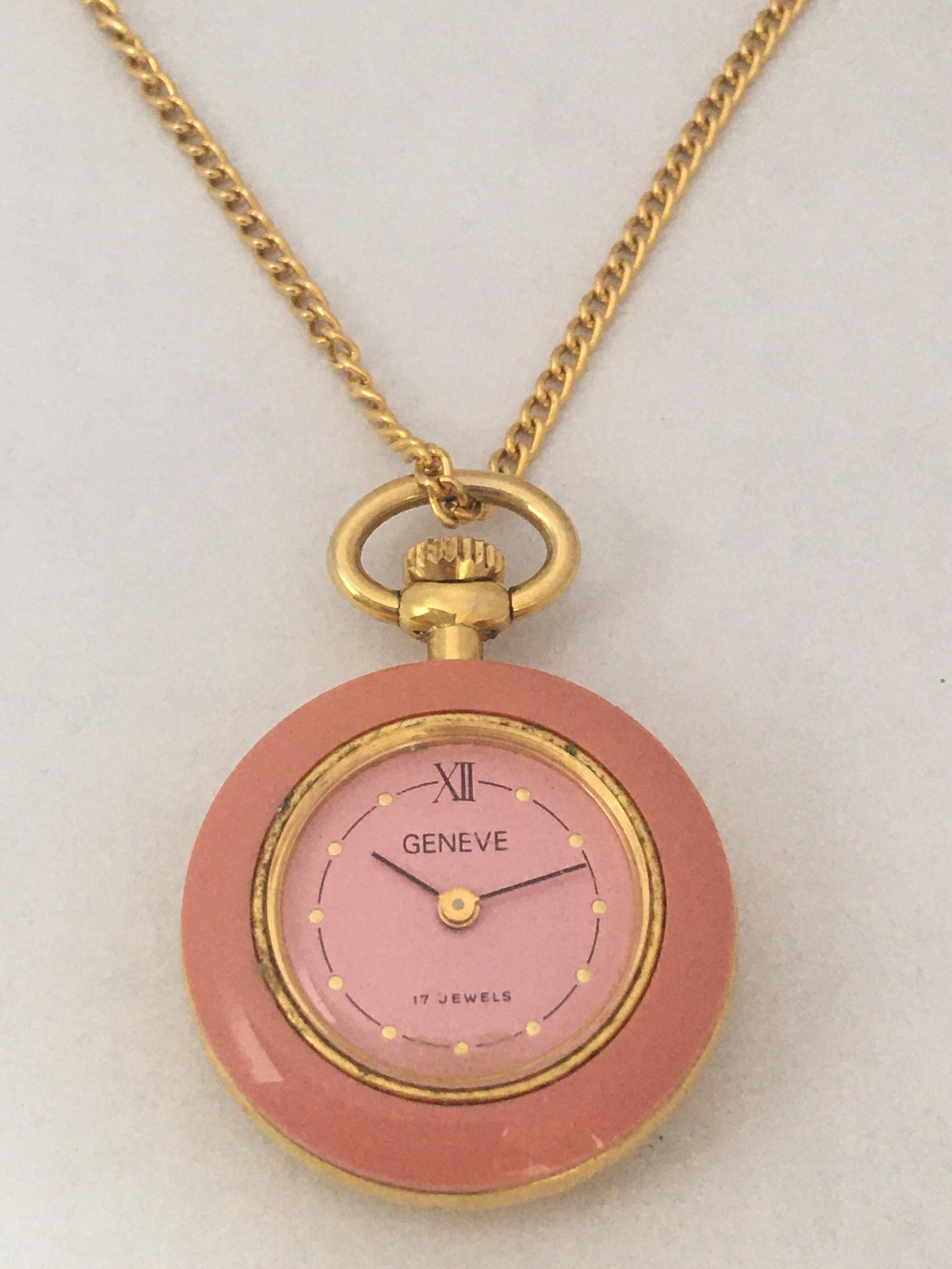 Vintage Gold Plated and Pink Enamel Geneve Mechanical Pendant/ Pocket Watch For Sale 5