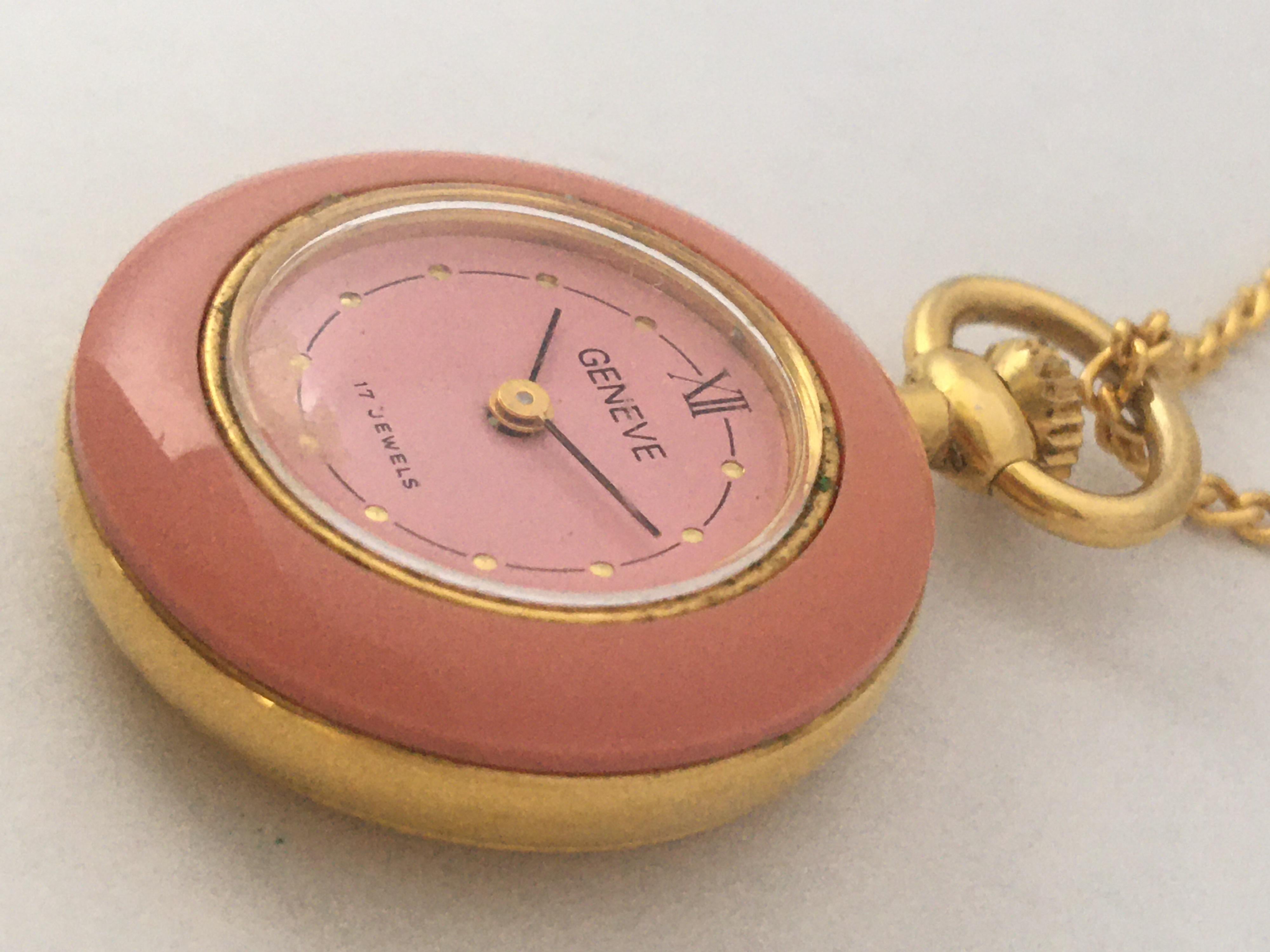 Vintage Gold Plated and Pink Enamel Geneve Mechanical Pendant/ Pocket Watch For Sale 1