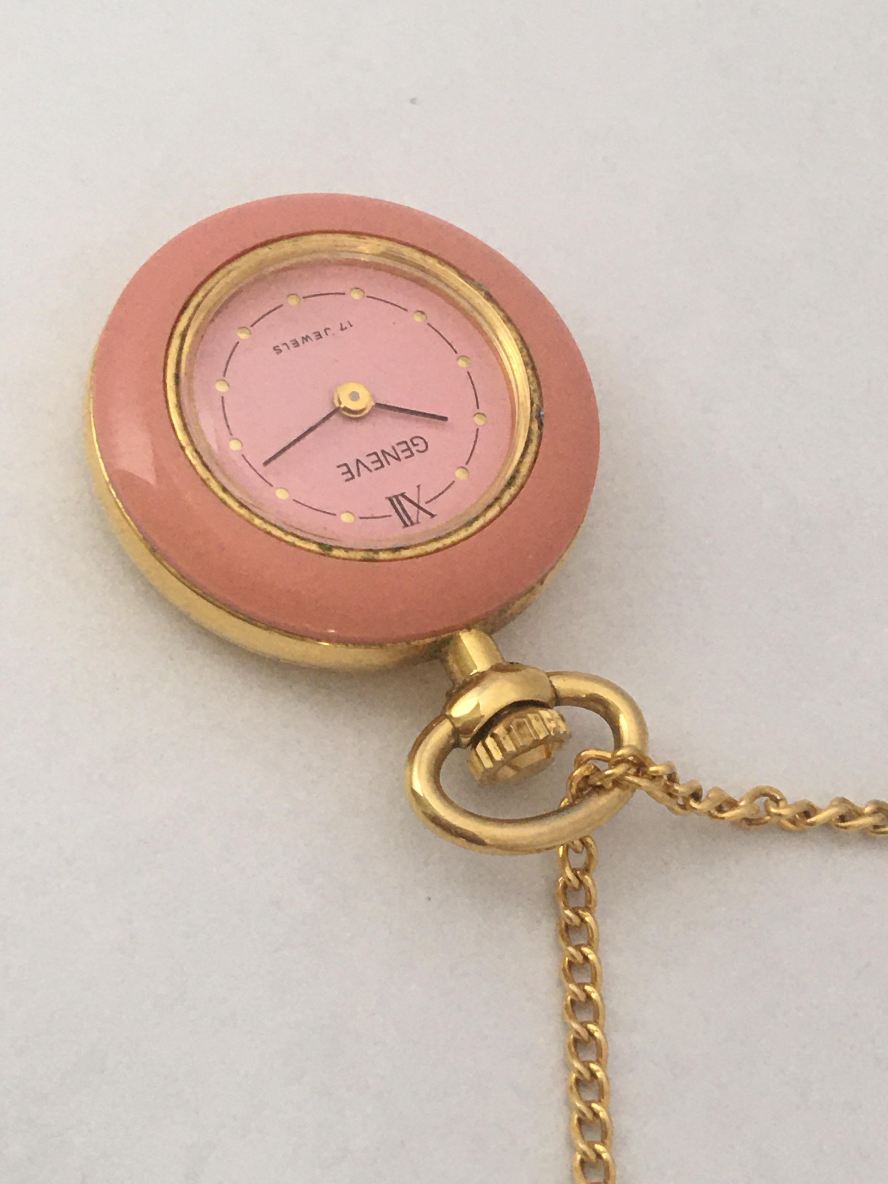 Vintage Gold Plated and Pink Enamel Geneve Mechanical Pendant/ Pocket Watch For Sale 2