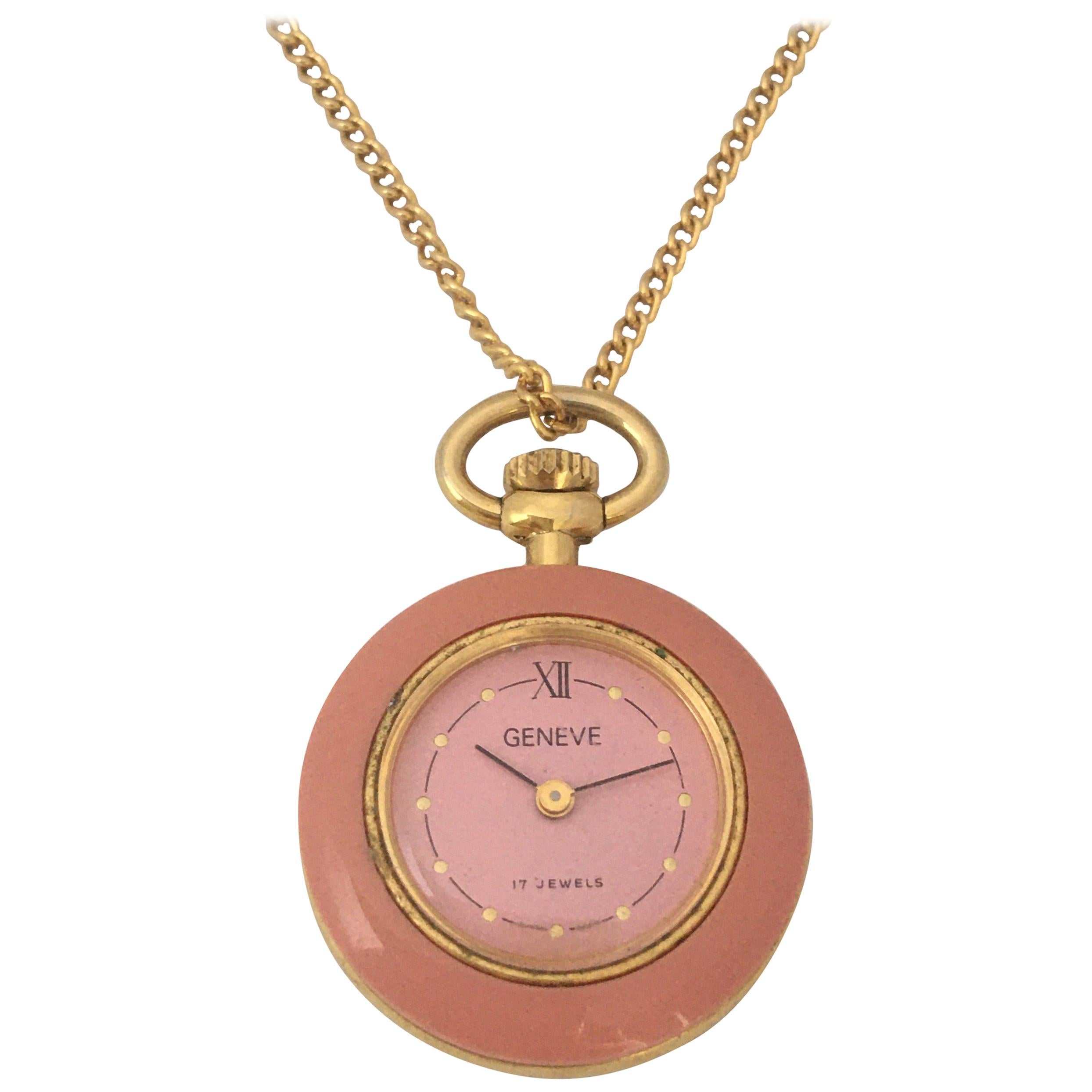 Vintage Gold Plated and Pink Enamel Geneve Mechanical Pendant/ Pocket Watch For Sale