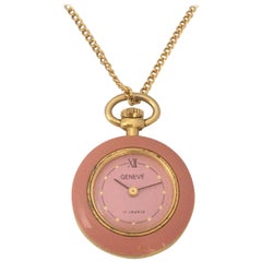 Retro Gold Plated and Pink Enamel Geneve Mechanical Pendant/ Pocket Watch