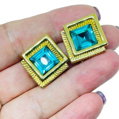 Vintage gold plated aqua blue crystals designer clip on earrings