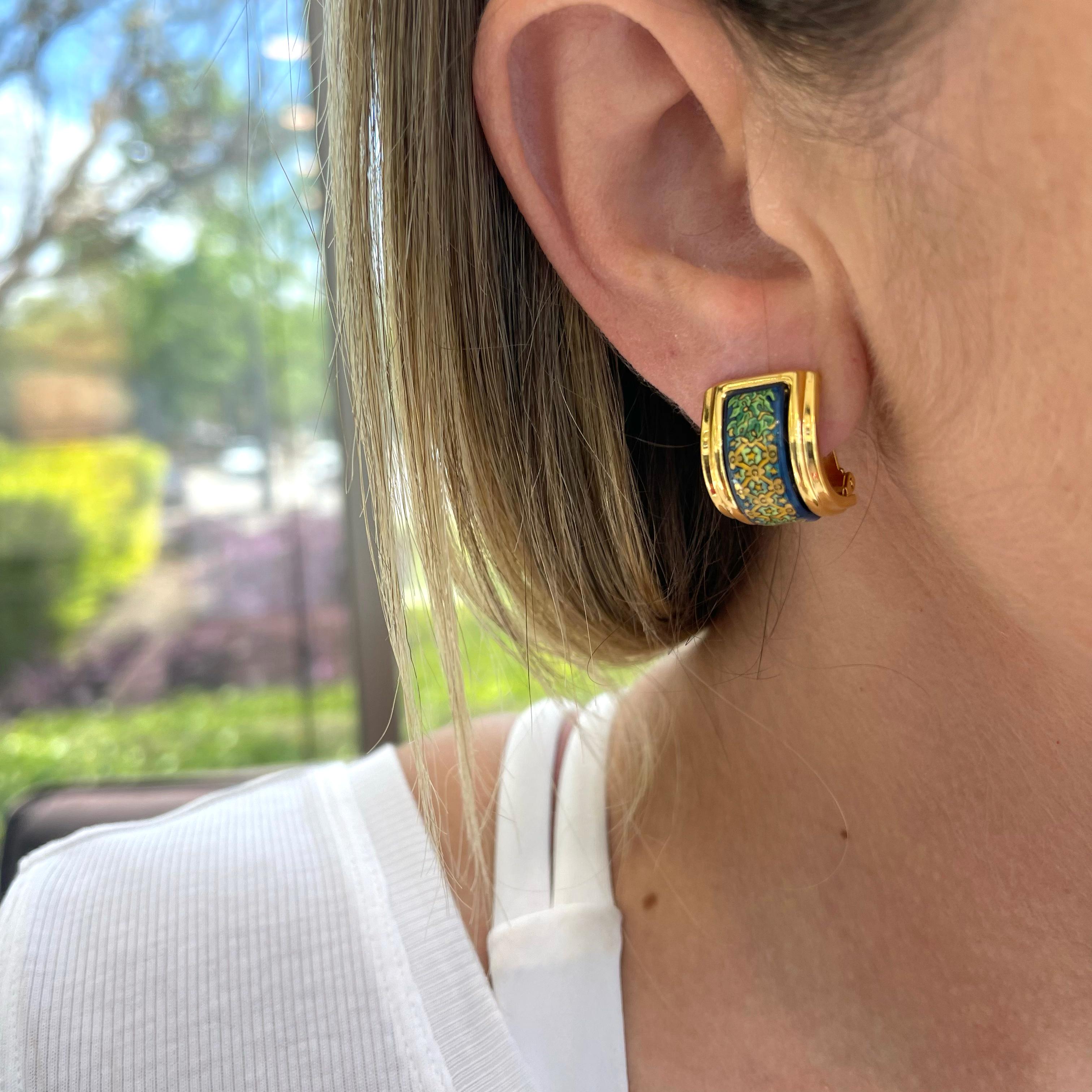 Women's Vintage Gold Plated Authentic Hermès Colorful Enamel Clip on Earrings For Sale