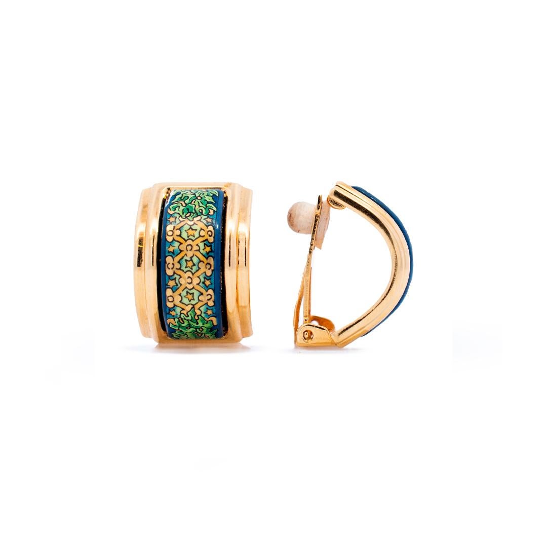 Vintage Gold Plated Authentic Hermès Colorful Enamel Clip on Earrings Pour femmes en vente