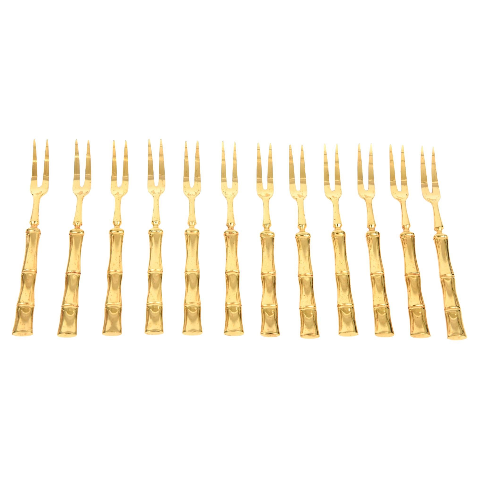 Fourchettes de service en bambou plaqué or Vintage Set de 12