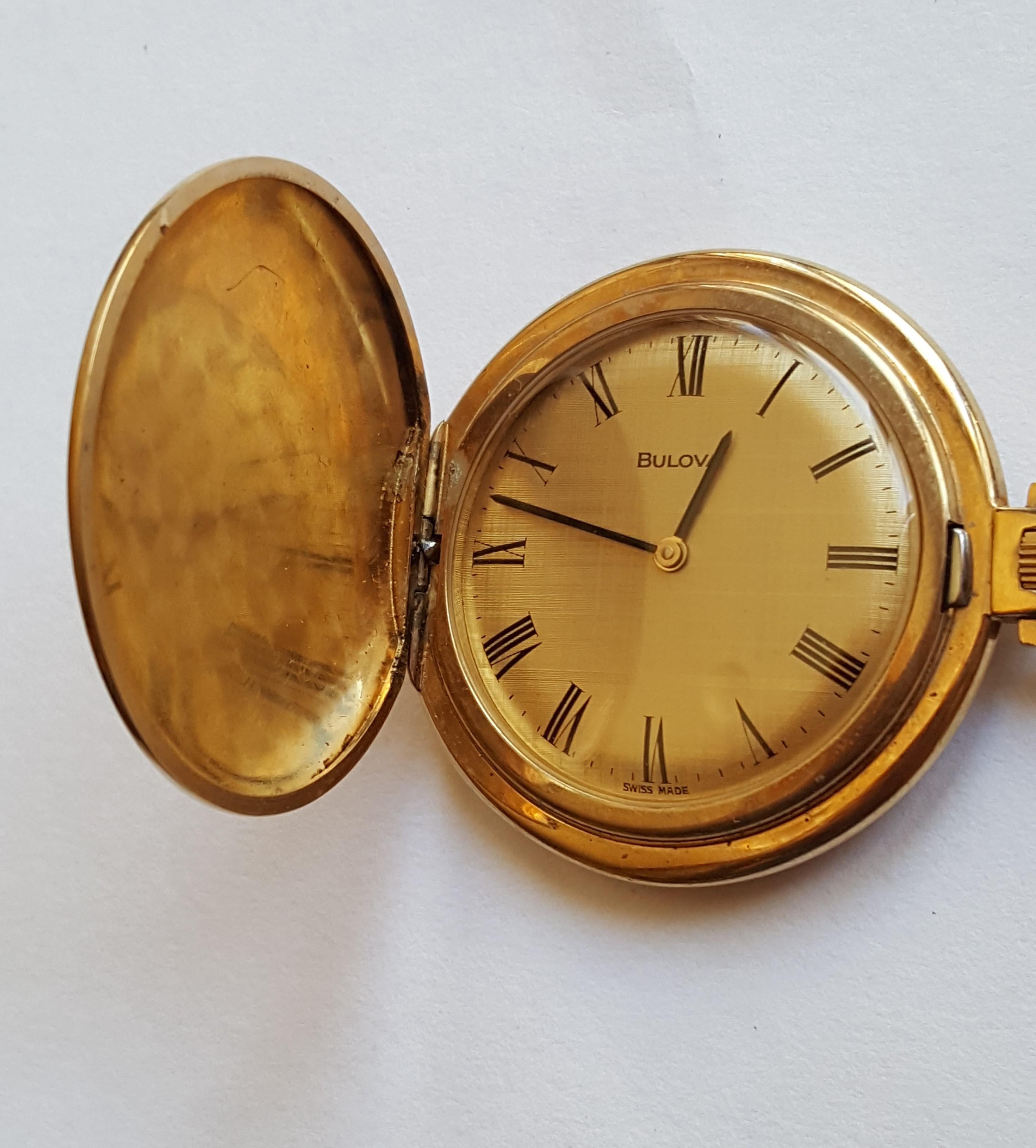 Modern Vintage Gold-Plated Bulova Pocket Watch, 1970s, 17 Jewel, Working, Swiss Made