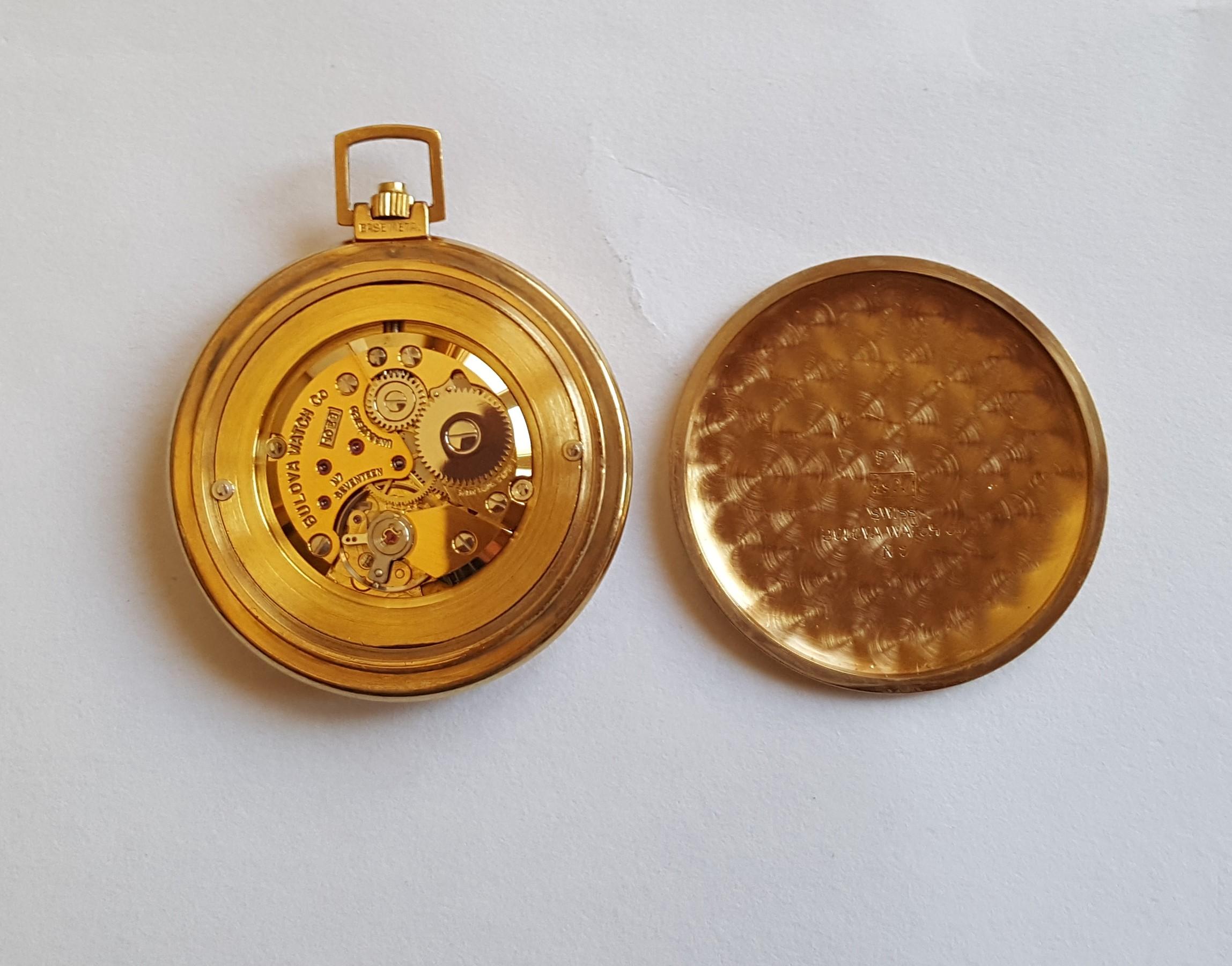 Vintage Gold-Plated Bulova Pocket Watch, 1970s, 17 Jewel, Working, Swiss Made In Excellent Condition In Rancho Santa Fe, CA