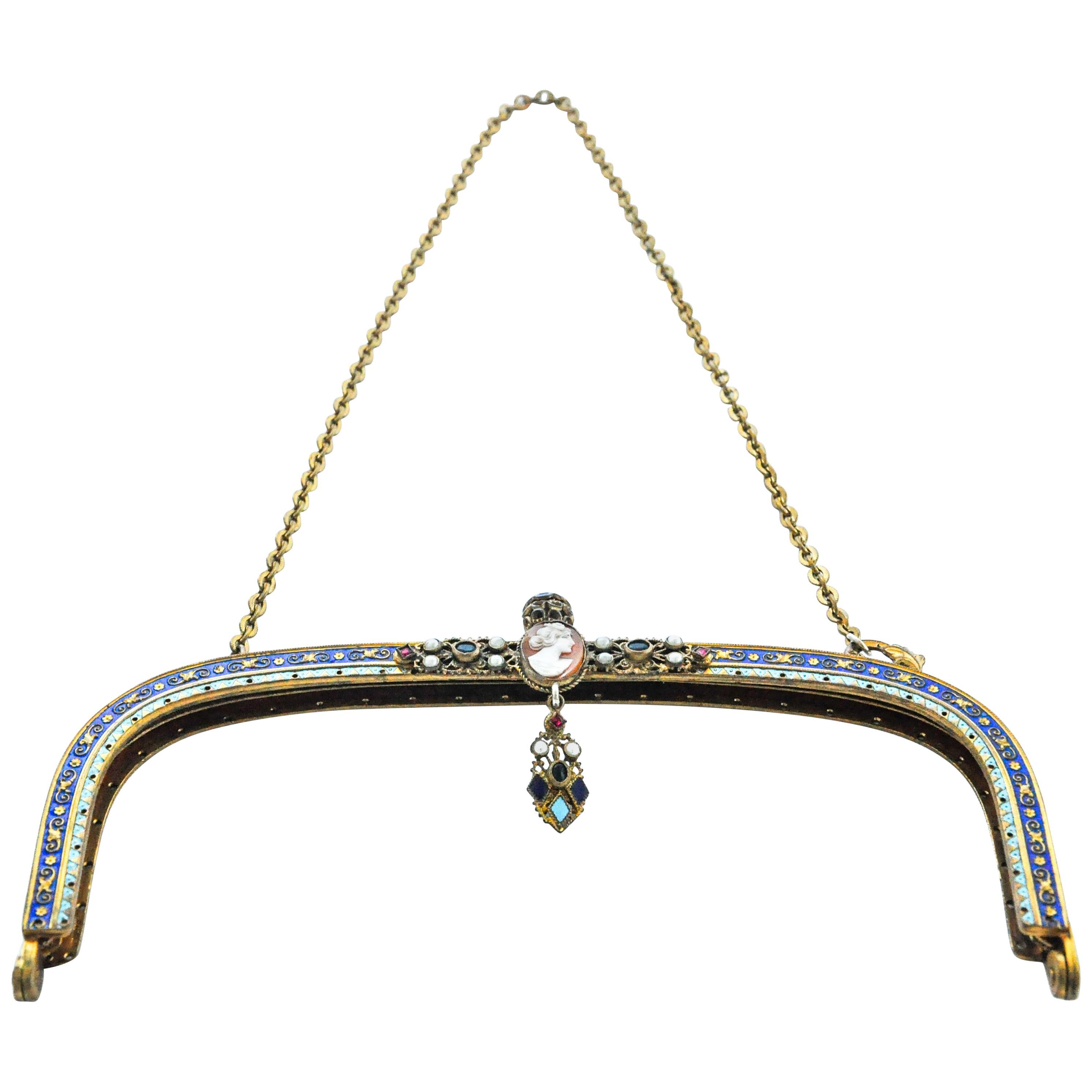Mid-Century Enamel Jeweled Clutch Bag Clasp Frame For Sale 3