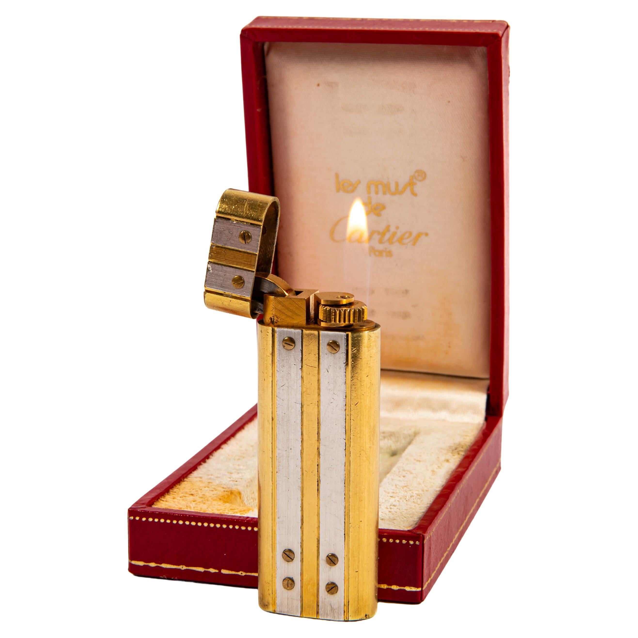 Vintage Gold Plated CARTIER Santos Lighter in Box 1980 en vente