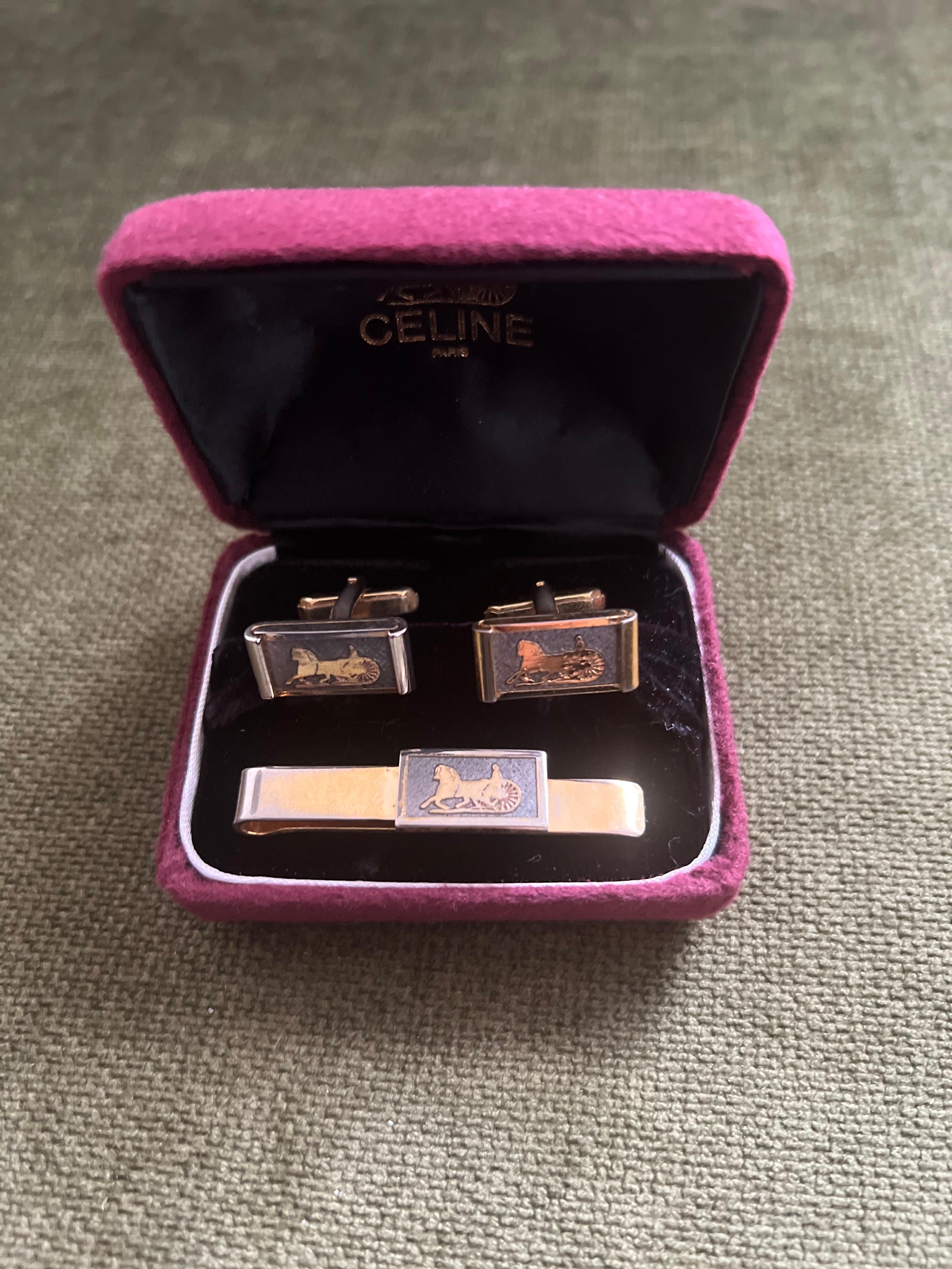 Gemelli da polso e fermacravatte Celine placcati in oro d'epoca con 3 astucci originali, 