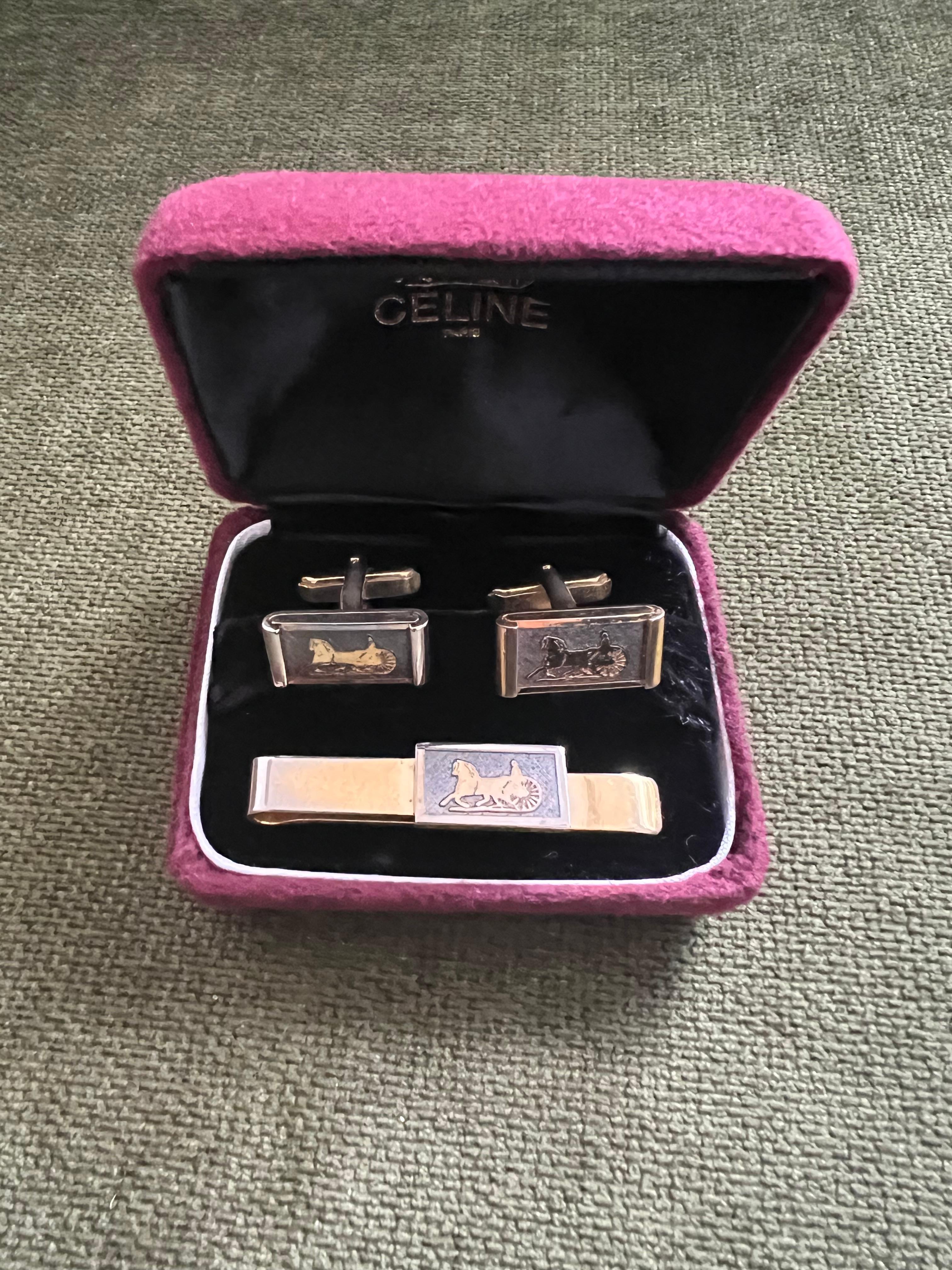 Gemelli da polso e fermacravatte Celine placcati in oro d'epoca con 3 astucci originali, 