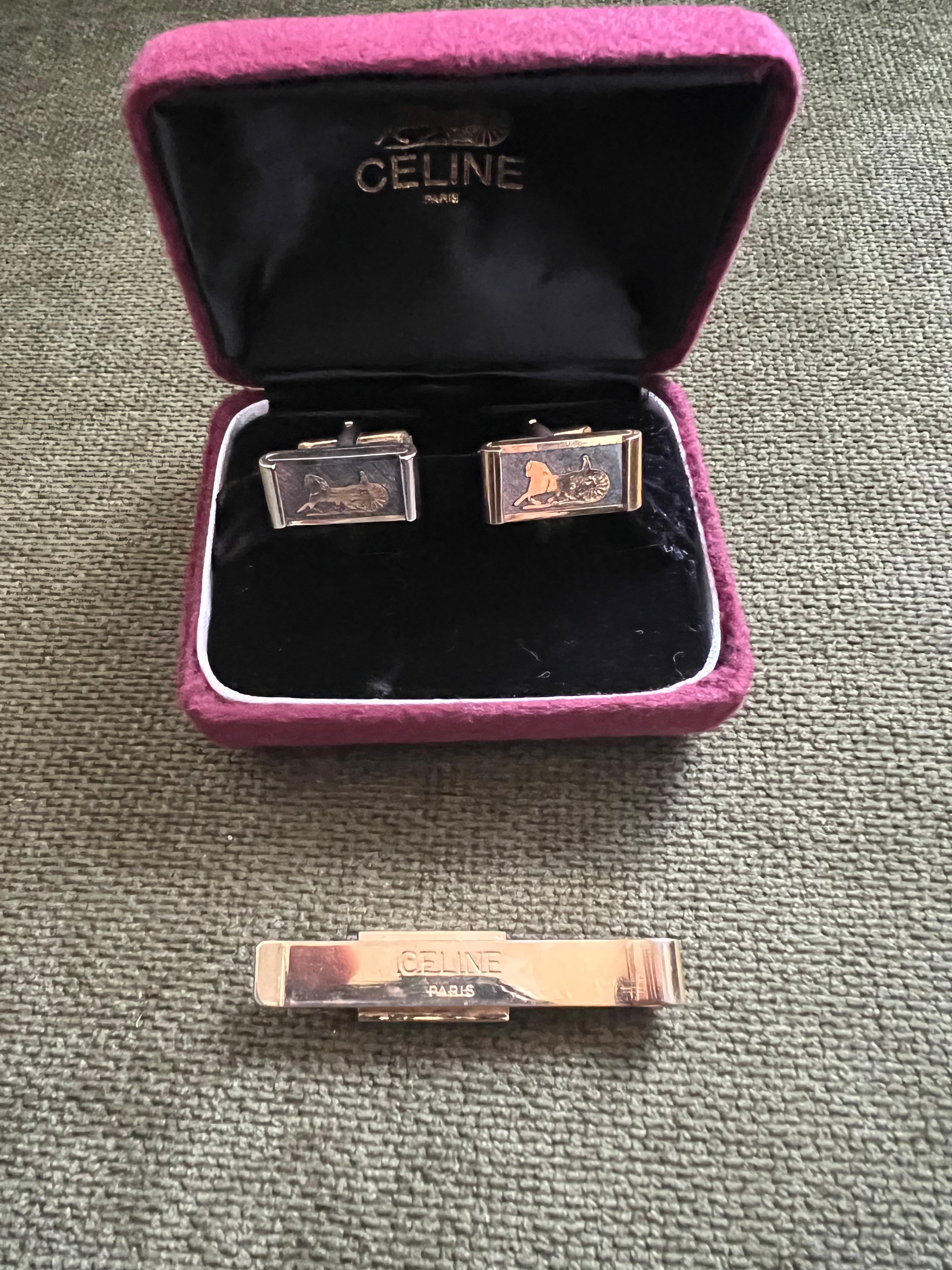 Gemelli da polso e fermacravatte Celine placcati in oro d'epoca con 3 astucci originali, 