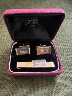 Vintage Gold Plated Celine Cufflinks & Tie Clip 3 Original Case, “Circa 1970s”