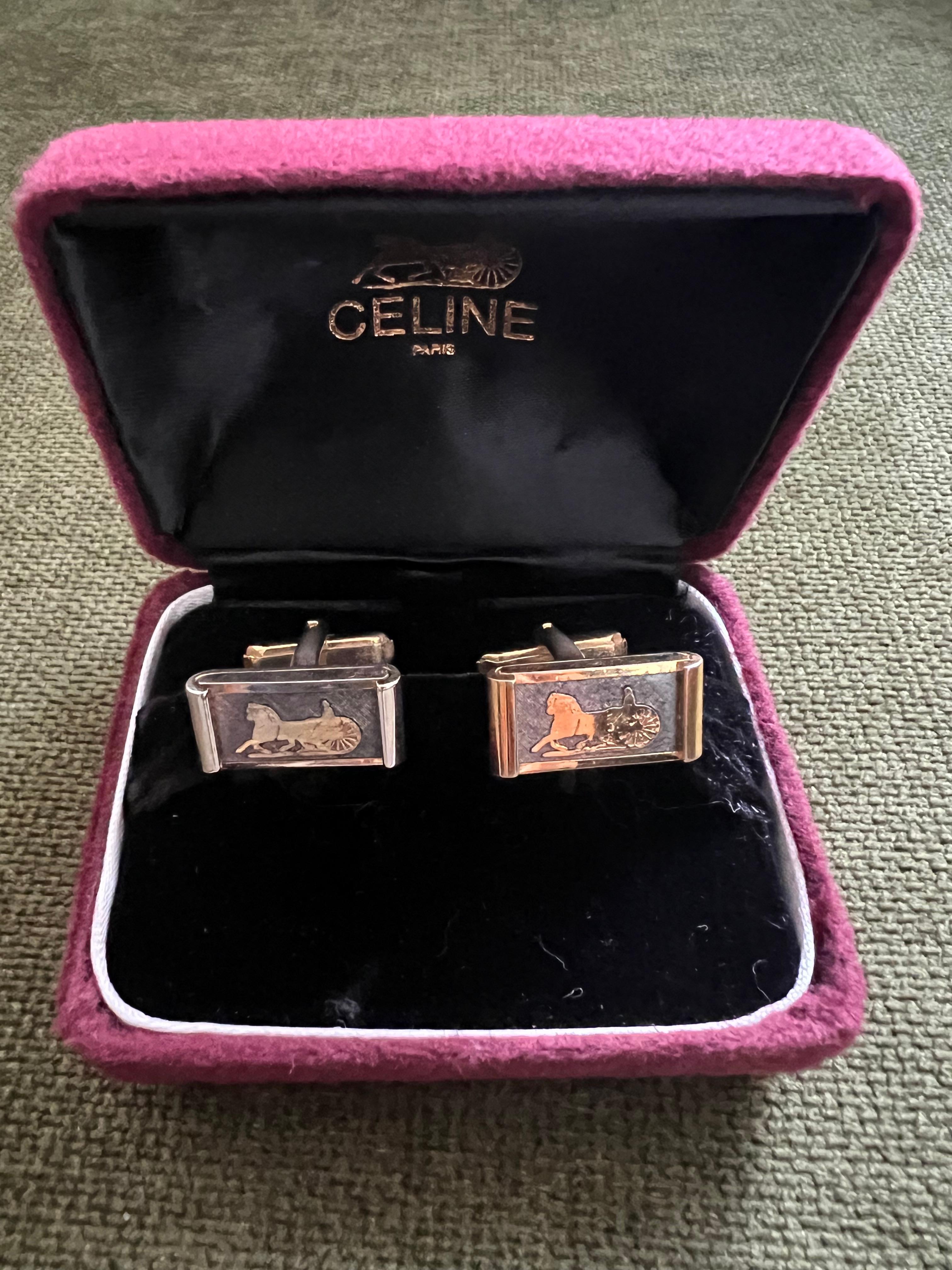 Art Déco Gemelli da polso e fermacravatte Celine placcati in oro d'epoca con 3 astucci originali, 