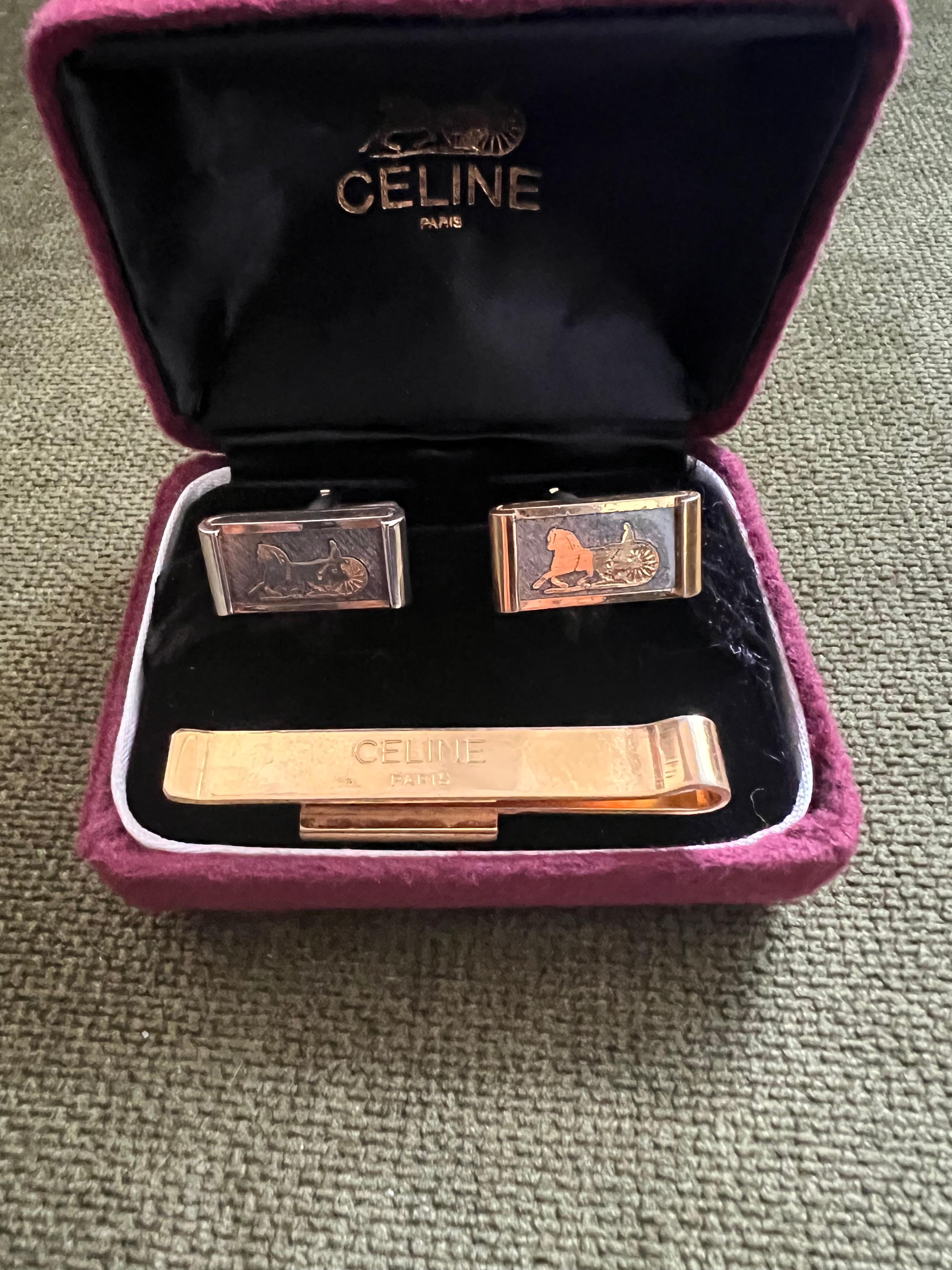 Gemelli da polso e fermacravatte Celine placcati in oro d'epoca con 3 astucci originali, 