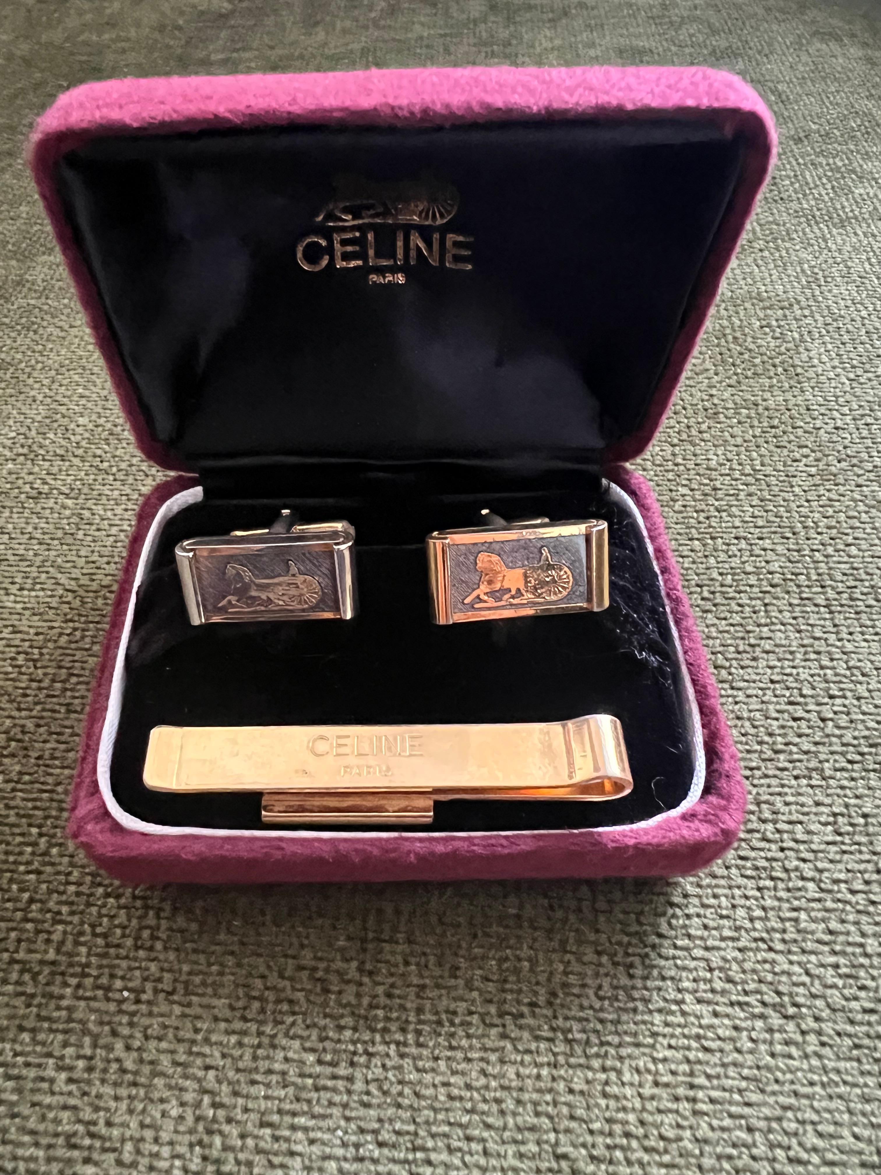 da uomo o donna Gemelli da polso e fermacravatte Celine placcati in oro d'epoca con 3 astucci originali, 