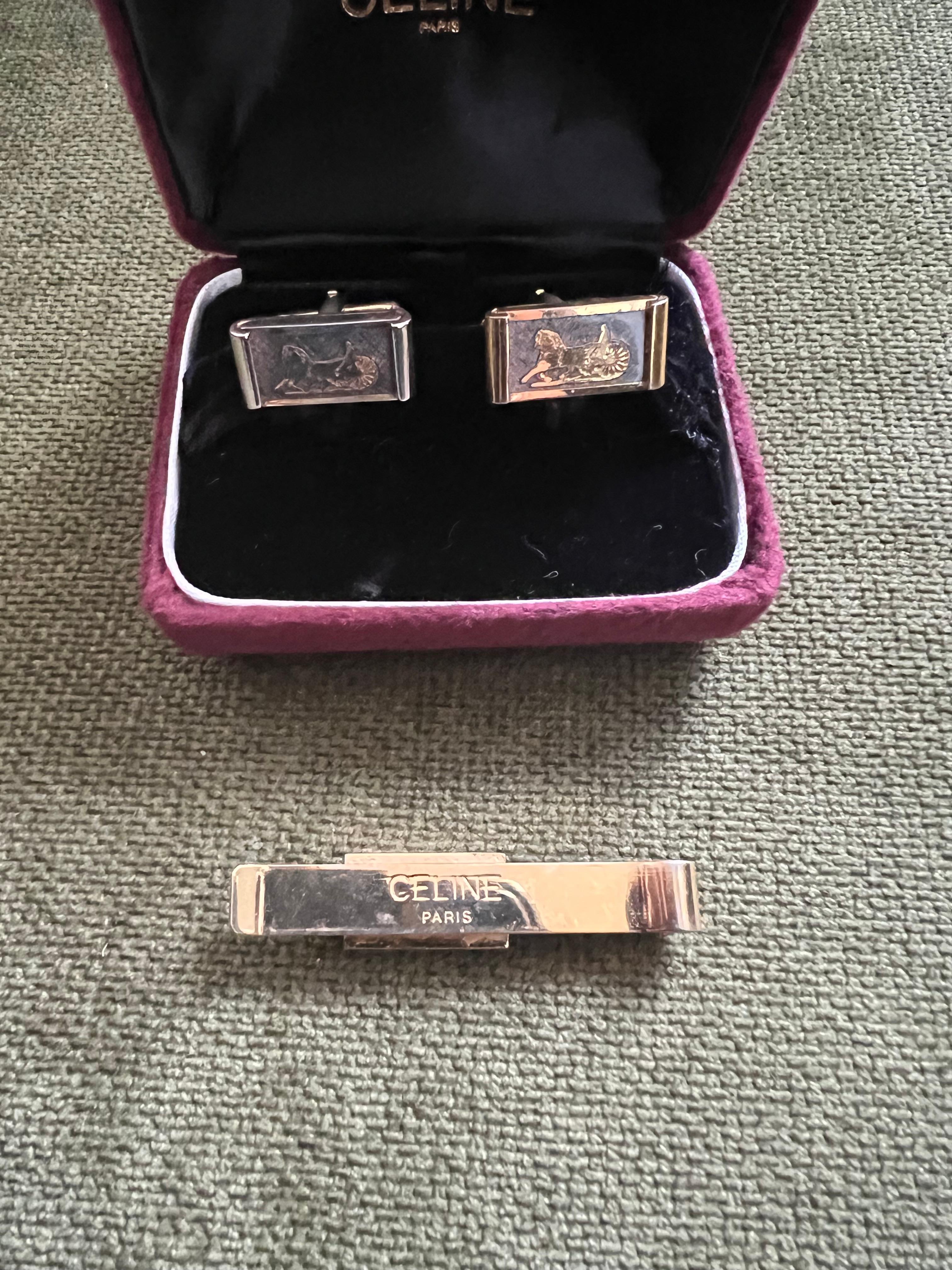 Gemelli da polso e fermacravatte Celine placcati in oro d'epoca con 3 astucci originali, 