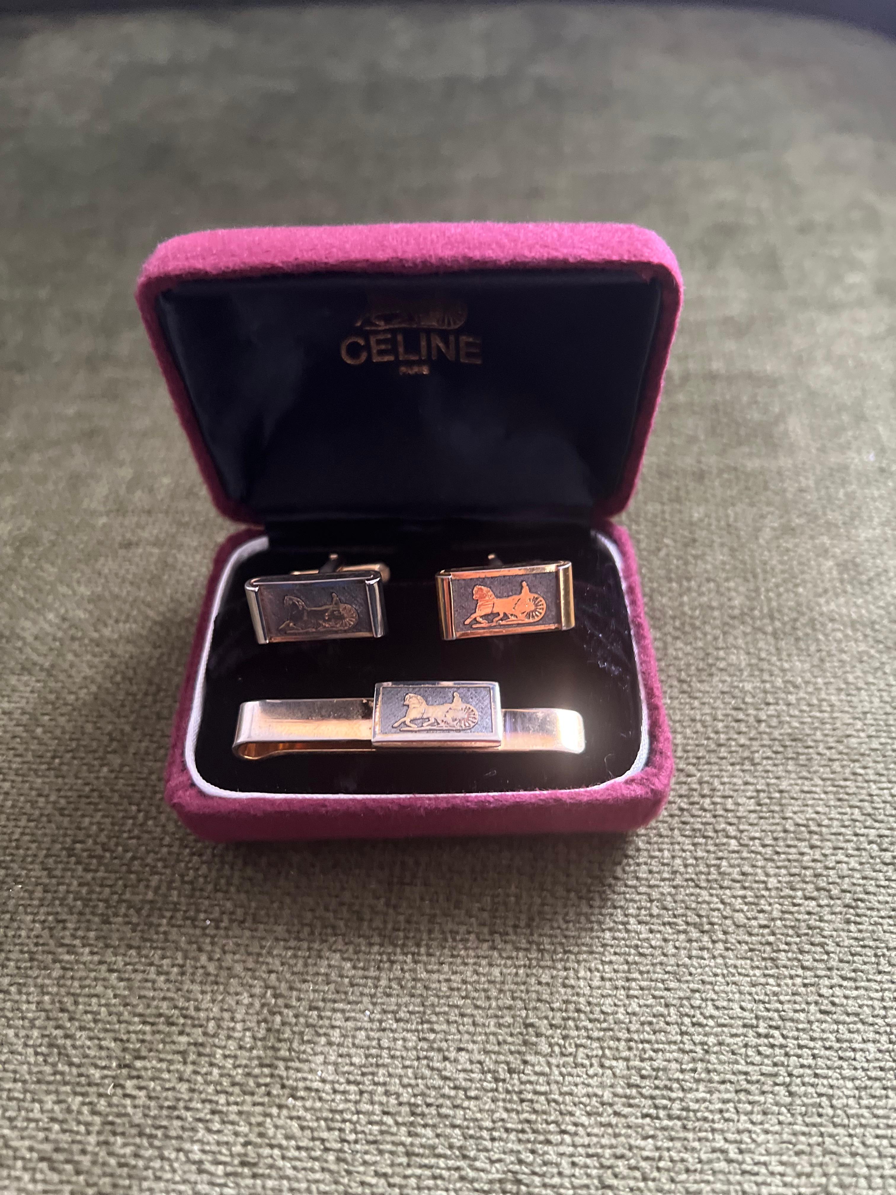 Gemelli da polso e fermacravatte Celine placcati in oro d'epoca con 3 astucci originali, 