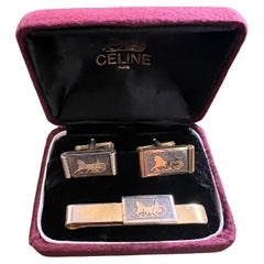 Vintage Gold Plated Celine Cufflinks & Tie Clip 3 Original Case, “Circa 1970s”