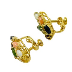 Vintage gold plated coral onyx tiger eye jade opal clip on earrings