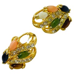Vergoldete Koralle Onyx Tigerauge Jade Opal Clip auf Ohrringe Vintage