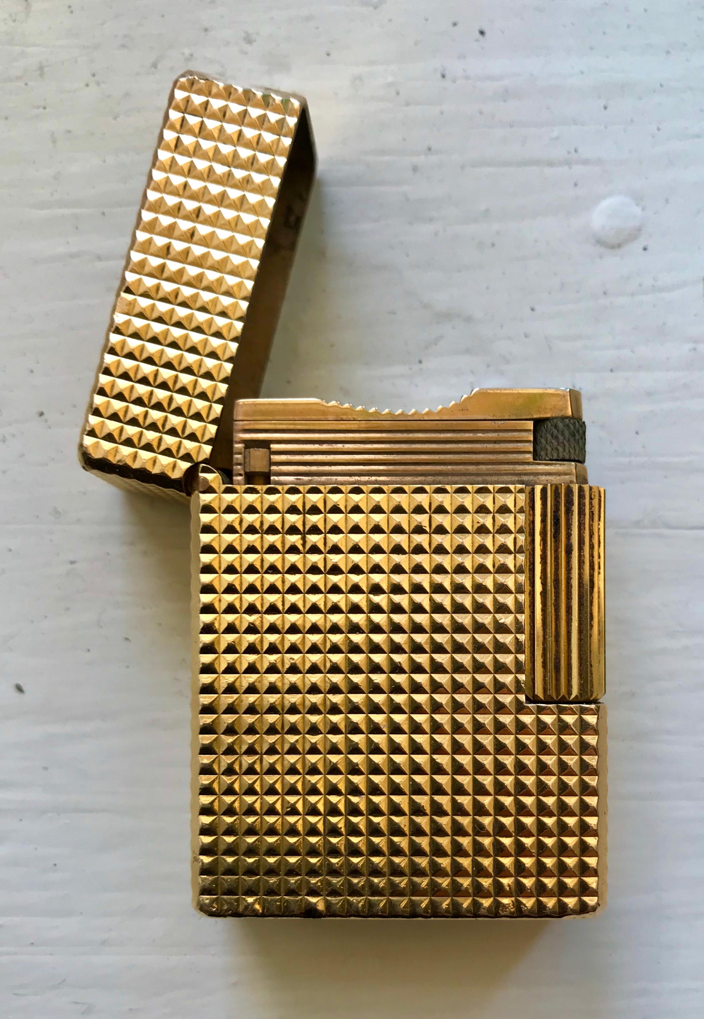 Gold Plate Vintage Gold-Plated Diamond Head Pocket Gas Lighter By S. T. Dupont, Paris