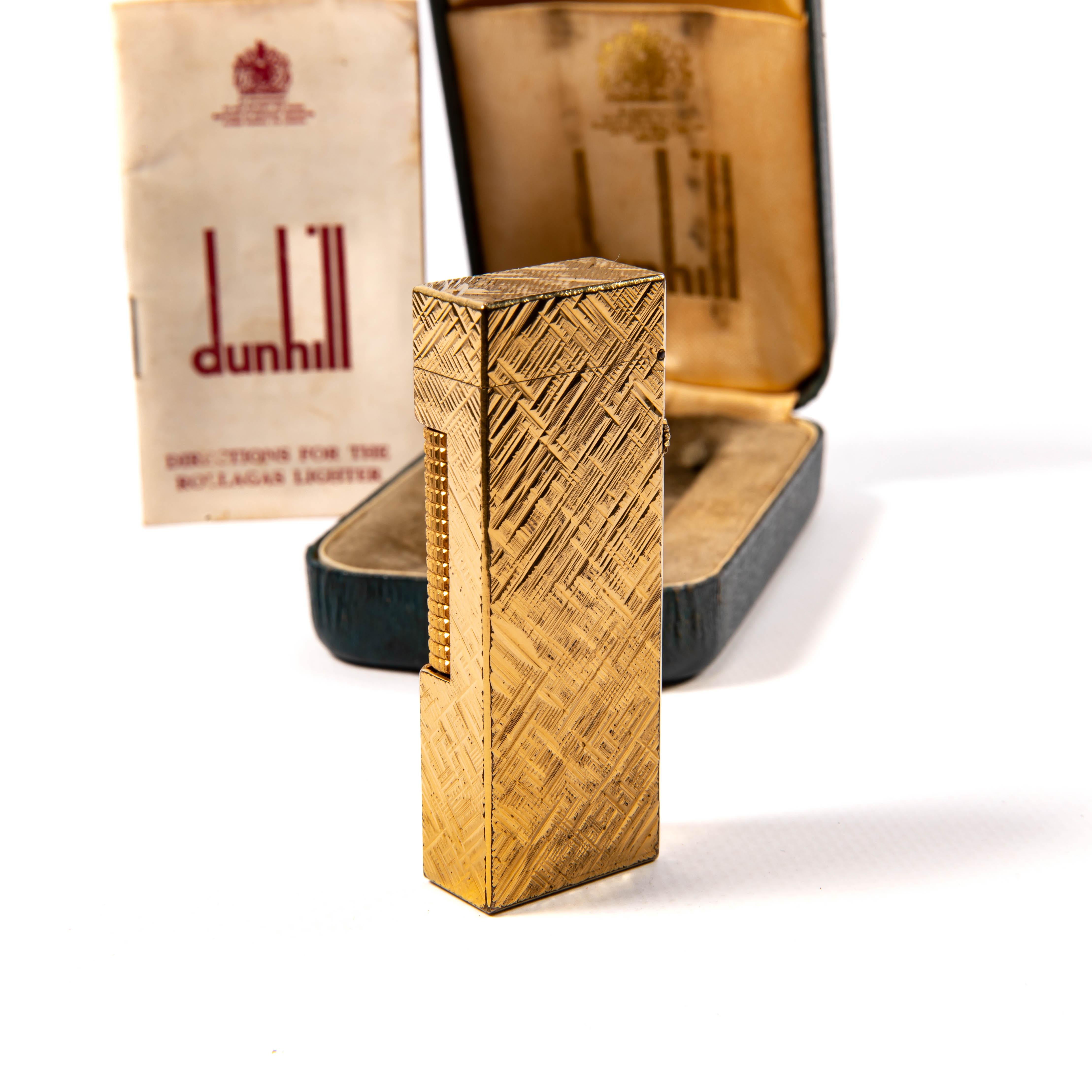 Women's or Men's Vintage Gold Plated DUNHILL Rollagas Lighter Florentine in Box 1978 For Sale