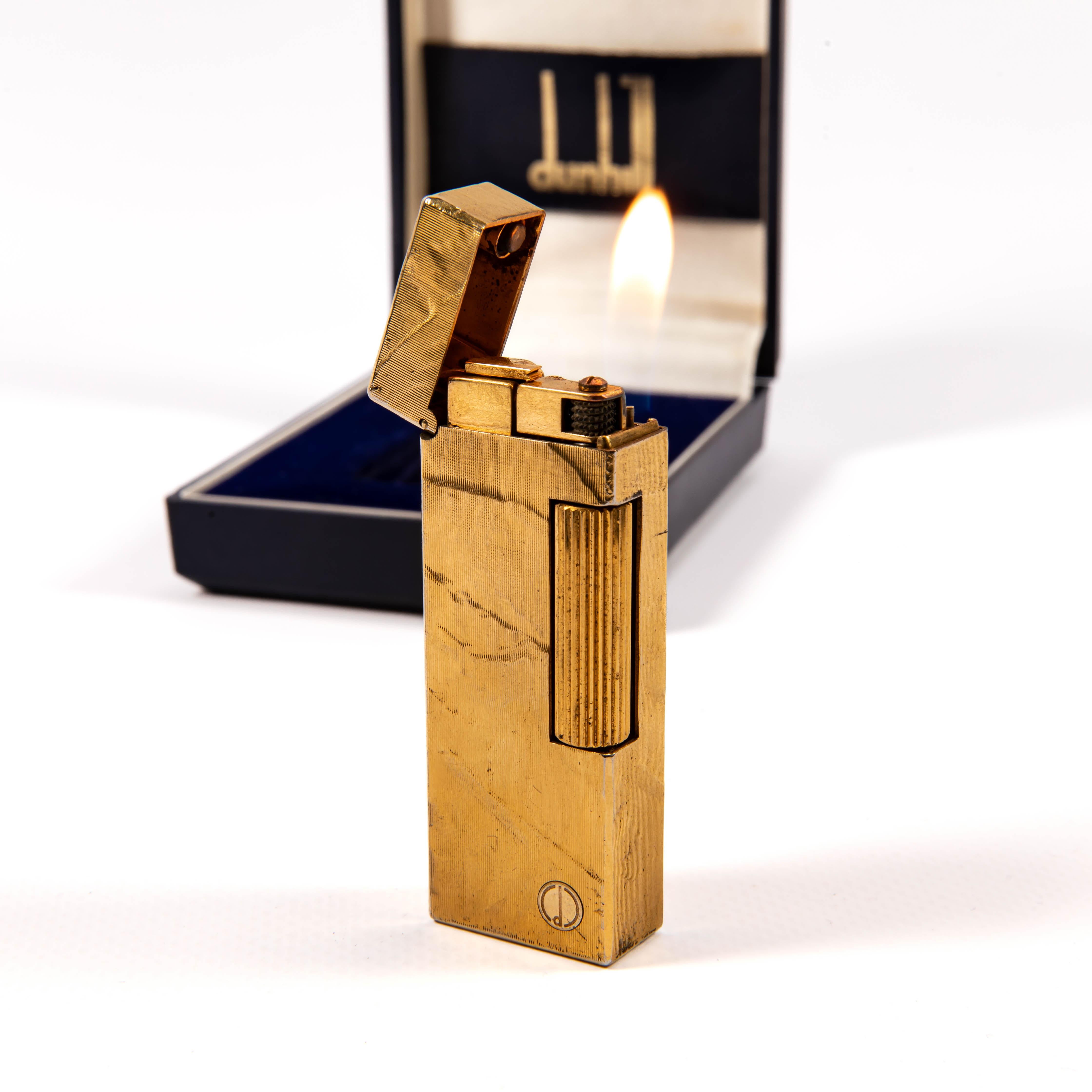 Vintage Gold Plated Dunhill Rollagas Lighter Silk Moire in Box 1986 en vente 3