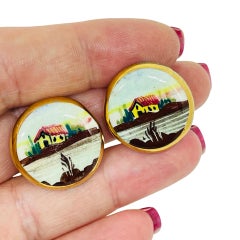 Vintage gold plated edges hand painted porcelain 1960's clip on earrings