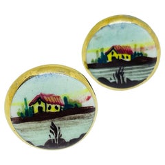 Vintage gold plated edges hand painted porcelain 1960
s clip on earrings