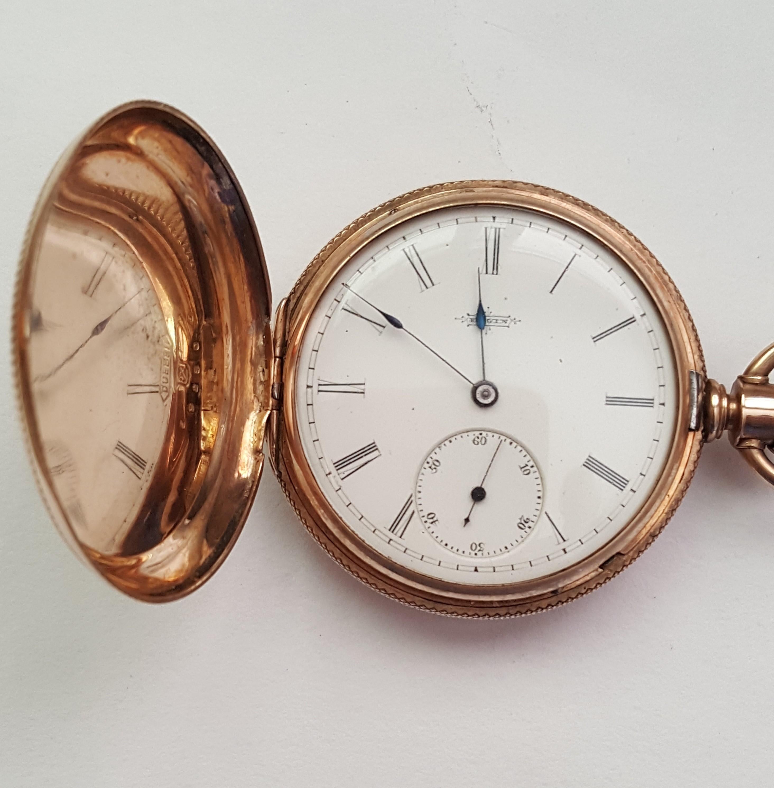 Vintage Gold Plated Elgin Pocket Watch, Year 1883, Working, 11 Jewel, Size 8s, Hunting, Elgin National Watch Company, American Co. 41mm Case. Beautiful working condition, black Roman numerals with white face. Second hand works too. Hands are a nice