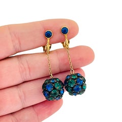 Vintage gold plated emerald sapphire rhinestone clip on designer earrings