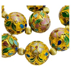 Vintage gold plated enamel cloisonné flowers beaded necklace