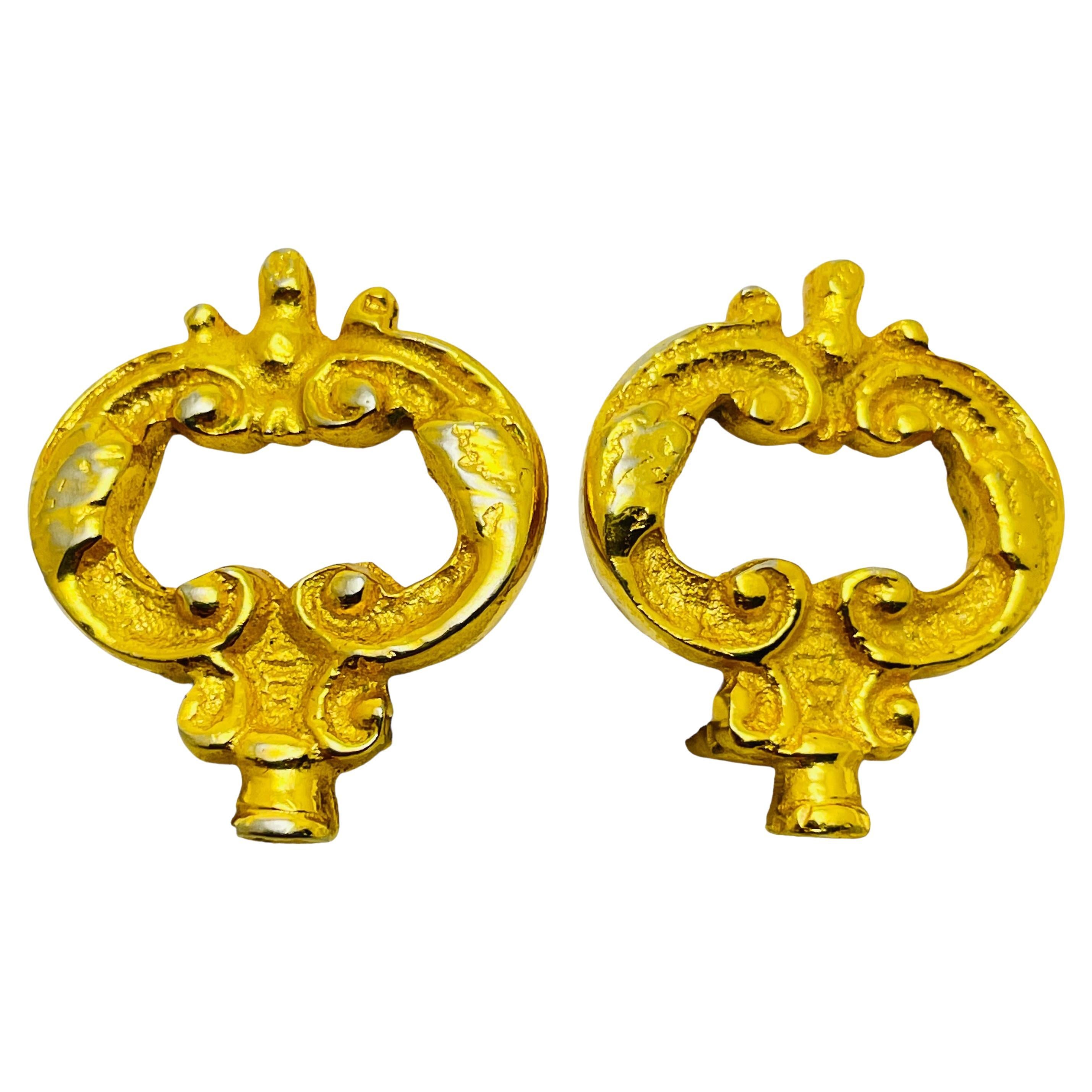 Vintage gold plated etruscan designer clip on earrings For Sale