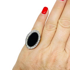 Vintage gold plated glass onyx rhinestones designer signet cocktail ring