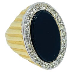 Vintage gold plated glass onyx rhinestones designer signet cocktail ring