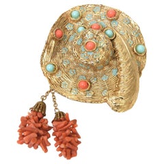 Vintage Gold Plated Hat Pin Brooch With Coral And Turquoise Branch Coral Tassels