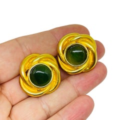 Vintage gold plated jade green glass designer clip on earrings
