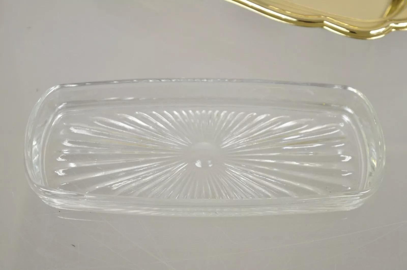 Antiguo Plato de Mantequilla de la Regencia de Hollywood de Metal Dorado con Forro de Cristal siglo XX en venta