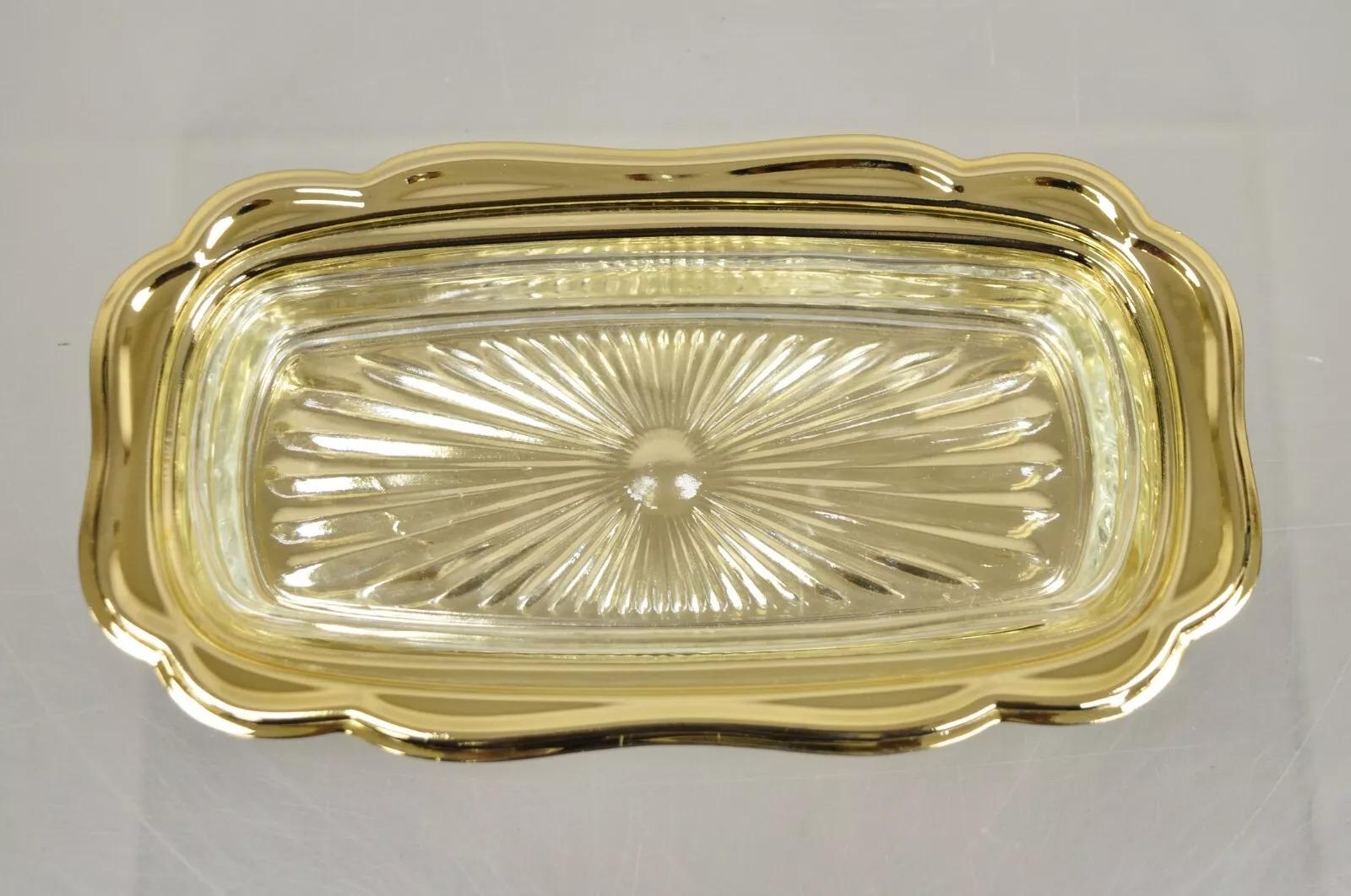 Antiguo Plato de Mantequilla de la Regencia de Hollywood de Metal Dorado con Forro de Cristal en venta 3