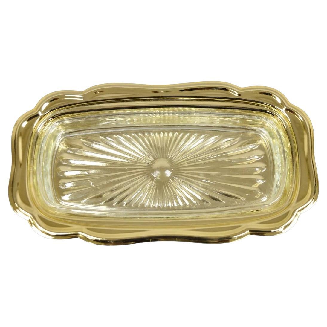 Vintage Gold Plated Metal Hollywood Regency Butter Dish With Glass Liner