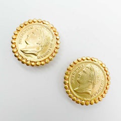 Vintage Gold Plated Napolean Ancient Coin Inspired Earrings 1980s