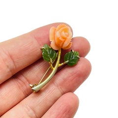Vintage gold plated natural carved pink coral green jade flower brooch