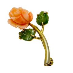 Vintage vergoldet natürlich geschnitzt rosa Koralle grün Jade Blume Brosche