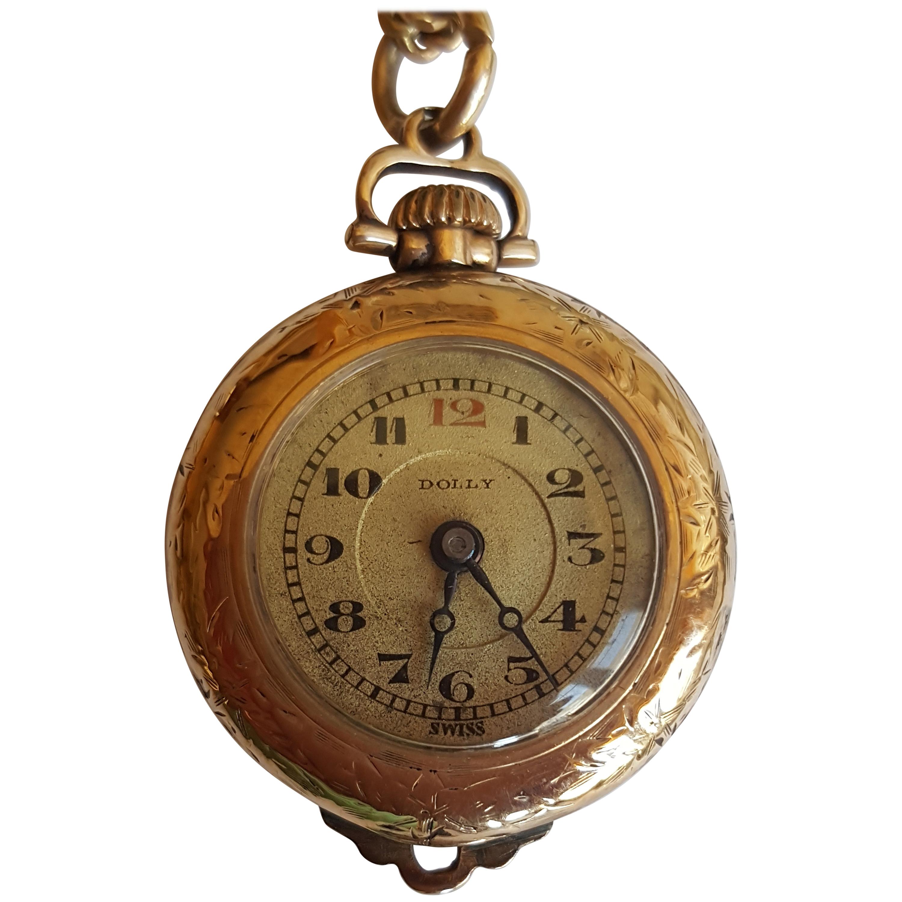 Vintage Gold-Plated Pendant Watch, Dolly Brand, Working, 15 Jewel