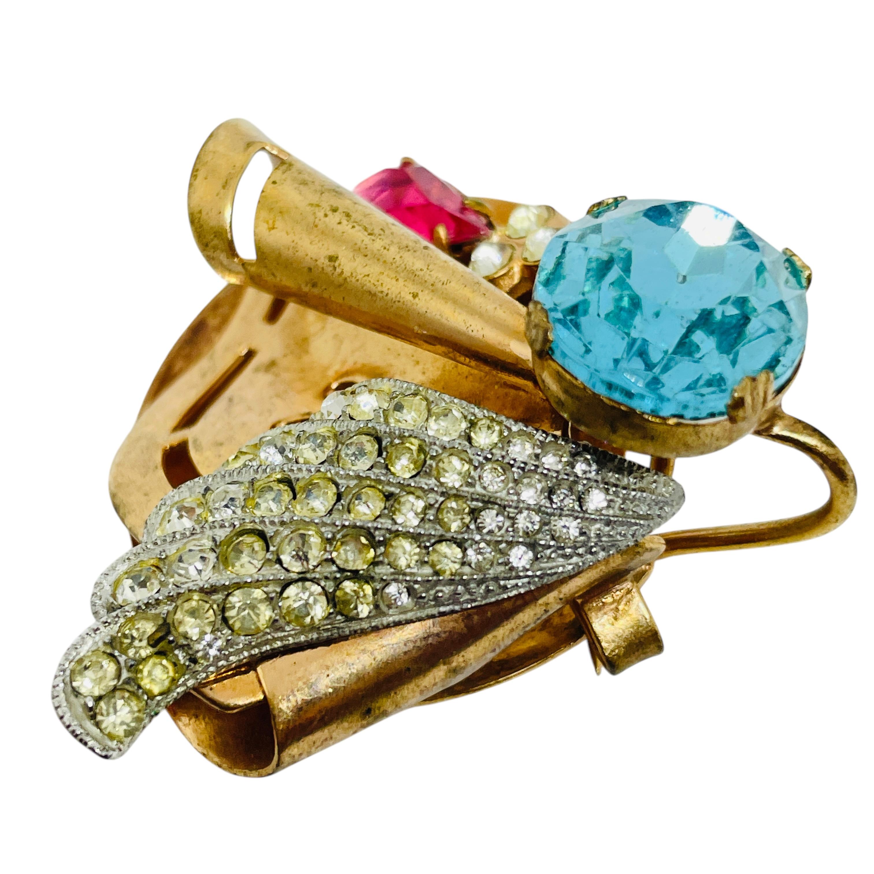 Vintage vergoldet rosa blau Glastöne einzigartige Brosche Pin im Zustand „Gut“ im Angebot in Palos Hills, IL