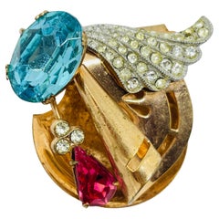 Broche vintage plaquée or rose bleu tons de verre épingle unique