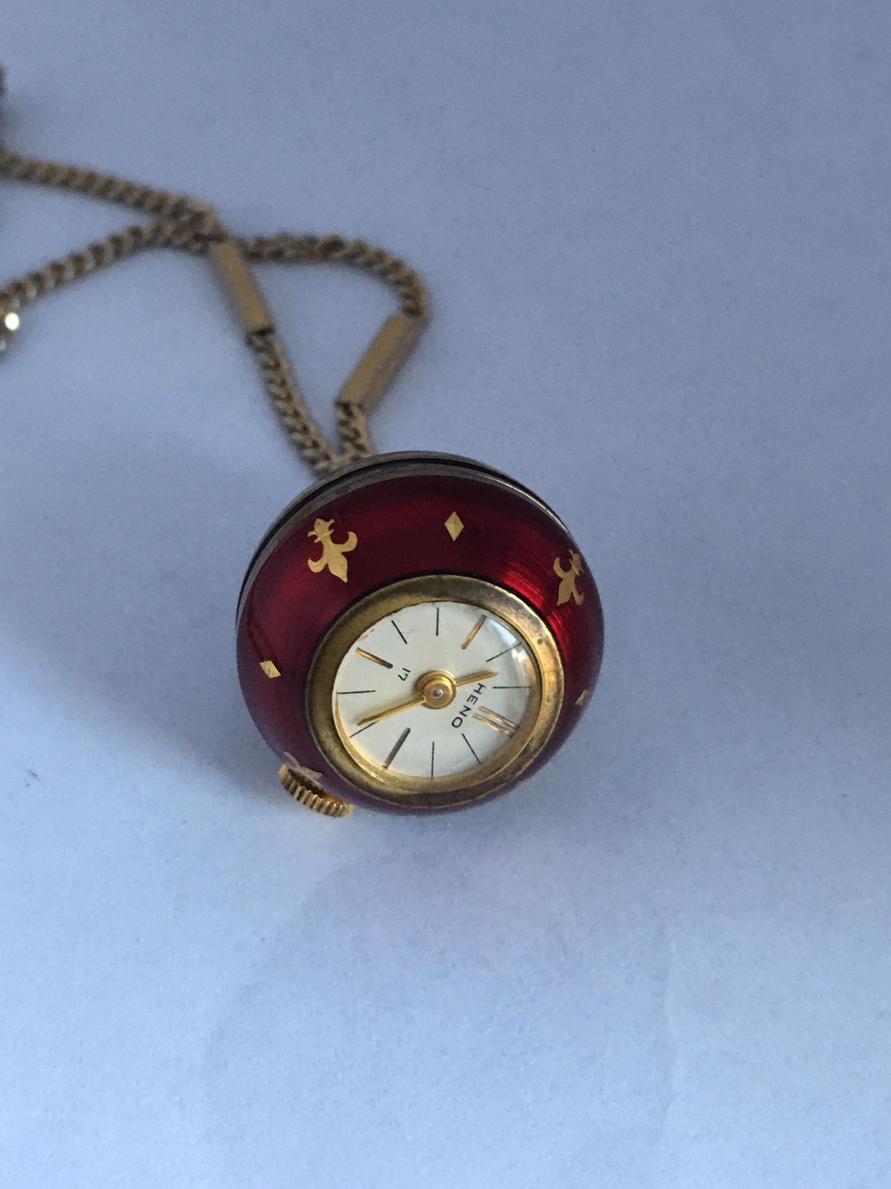 Vintage Gold-Plated Red Enamel Guilloche Hand-Winding Ball Pendant Swiss Watch For Sale 11