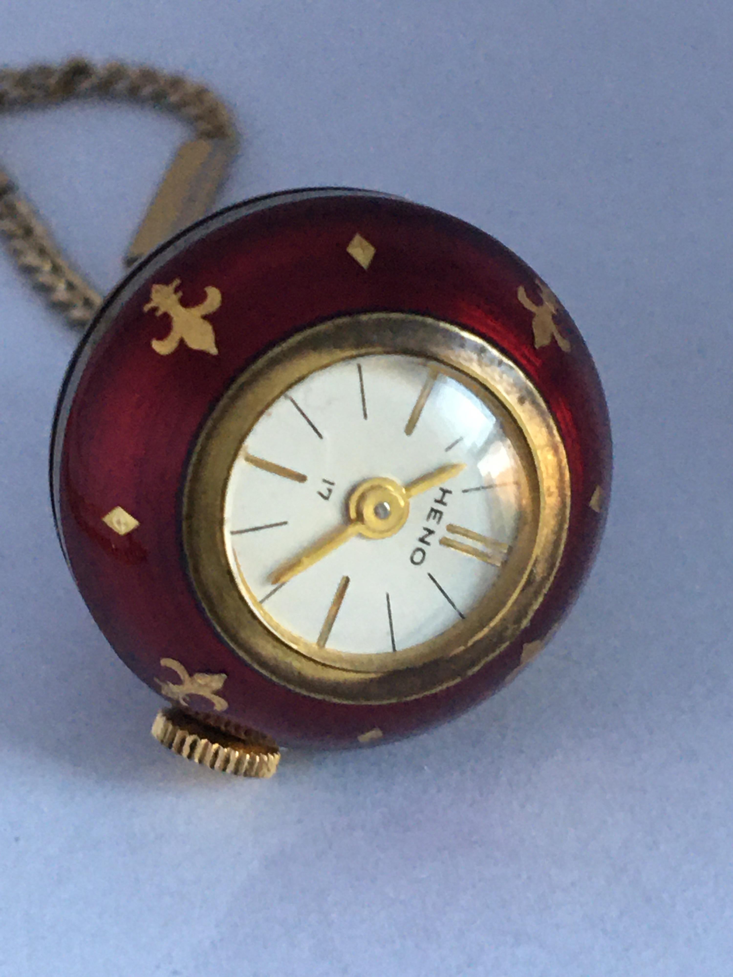 Women's or Men's Vintage Gold-Plated Red Enamel Guilloche Hand-Winding Ball Pendant Swiss Watch For Sale