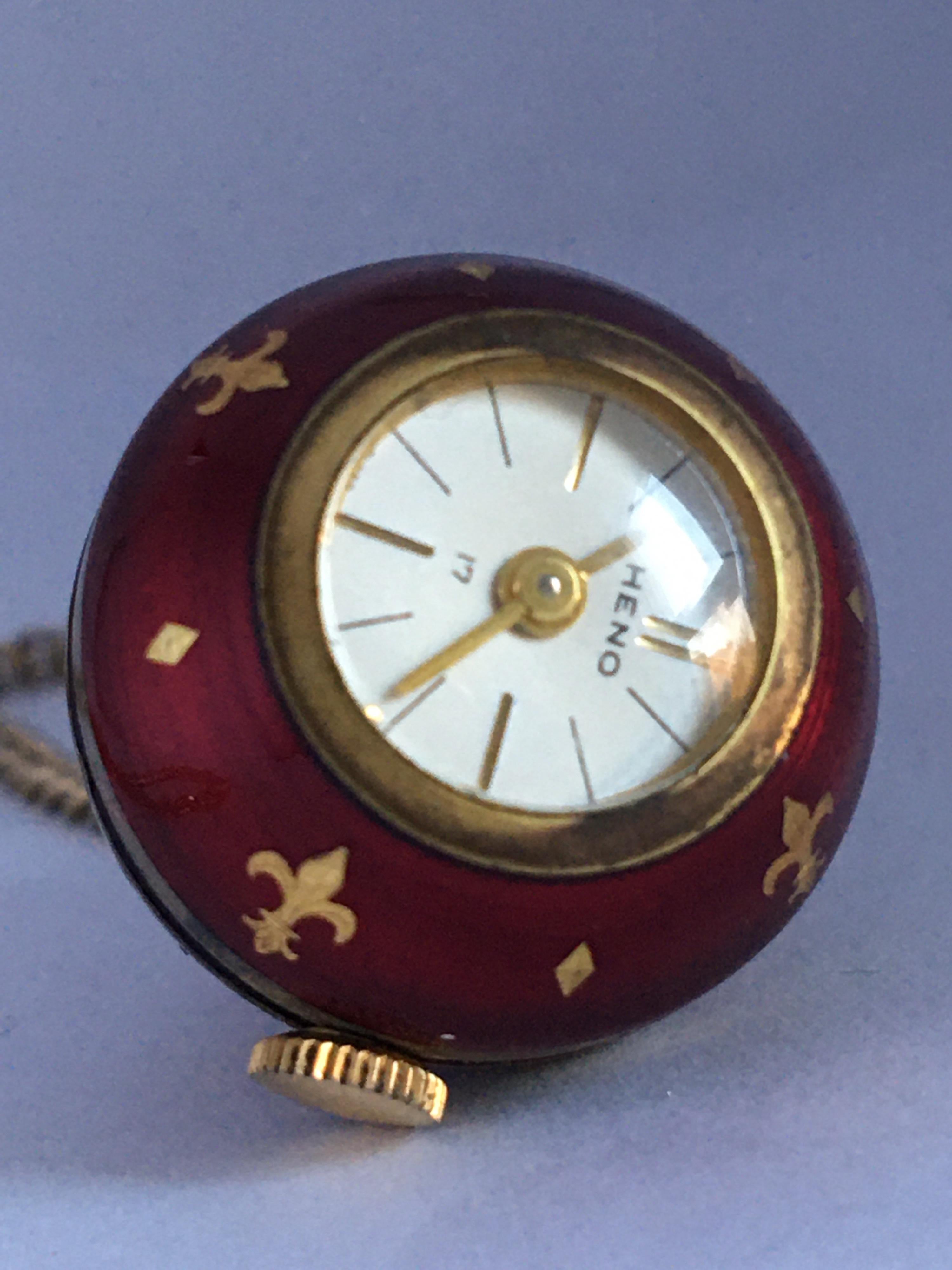 Vintage Gold-Plated Red Enamel Guilloche Hand-Winding Ball Pendant Swiss Watch For Sale 2